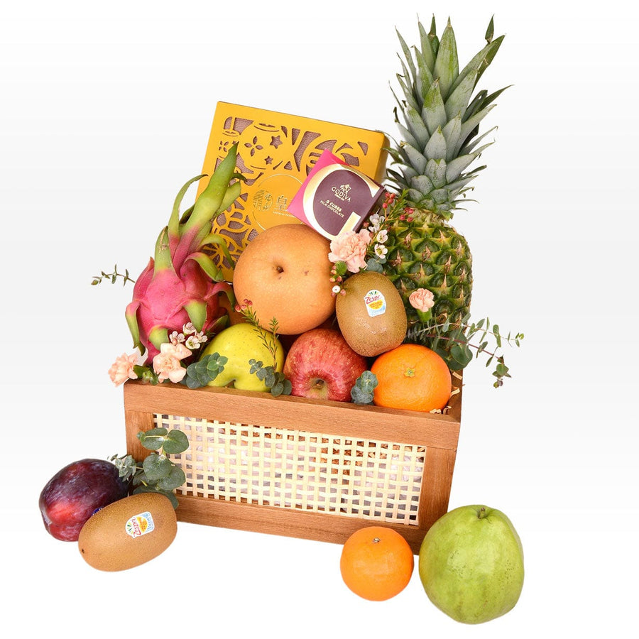A VWOWGIFTS COMPLETE BLISS MID AUTUMN FRUIT HAMPER WITH IMPERIAL PATISSERIE MOONCAKE filled with fruit.