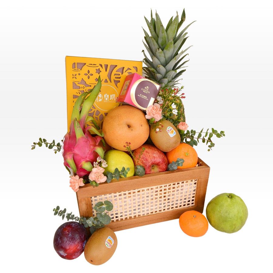 A VWOWGIFTS wicker basket filled with COMPLETE BLISS MID AUTUMN FRUIT HAMPER WITH IMPERIAL PATISSERIE MOONCAKE.