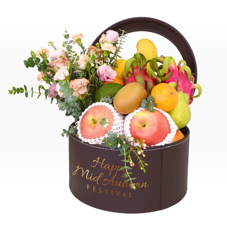 FLOWERS AND FULL MOON MID AUTUMN FRUIT HAMPER | Freshest Mini Flower Bouquet | freshly imported fruits | Brown Leather Gift Box | 花好月圓中秋禮籃 | 時令迷你花束 | 新鮮進口水果 | 棕色皮革禮盒 | 