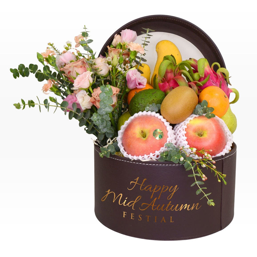 FLOWERS AND FULL MOON MID AUTUMN FRUIT HAMPER | Freshest Mini Flower Bouquet | freshly imported fruits | Brown Leather Gift Box | 花好月圓中秋禮籃 | 時令迷你花束 | 新鮮進口水果 | 棕色皮革禮盒 |