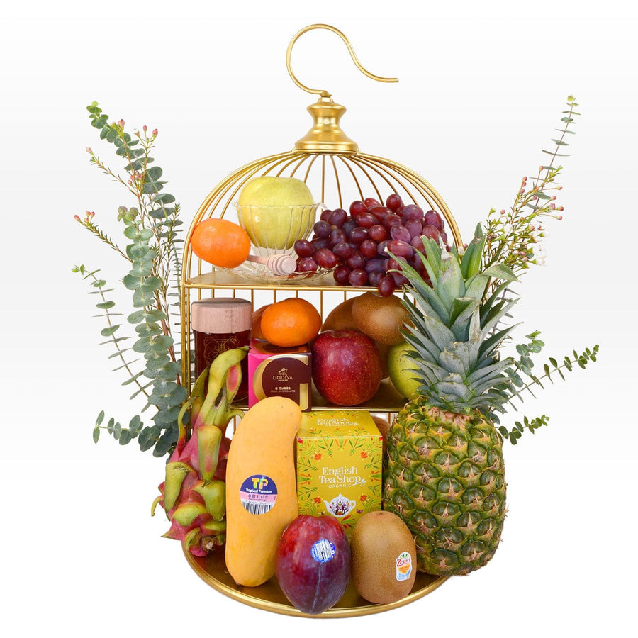 A gold birdcage with BOUNTIFUL HARVESTS MID AUTUMN FRUIT HAMPER from VWOWGIFTS in it.