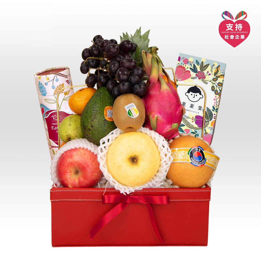 A red box filled with BEAUTIFUL WISHES MID-AUTUMN FRUIT HAMPER WITH ANGELCHILD MOONCAKE, from VWOWGIFTS.