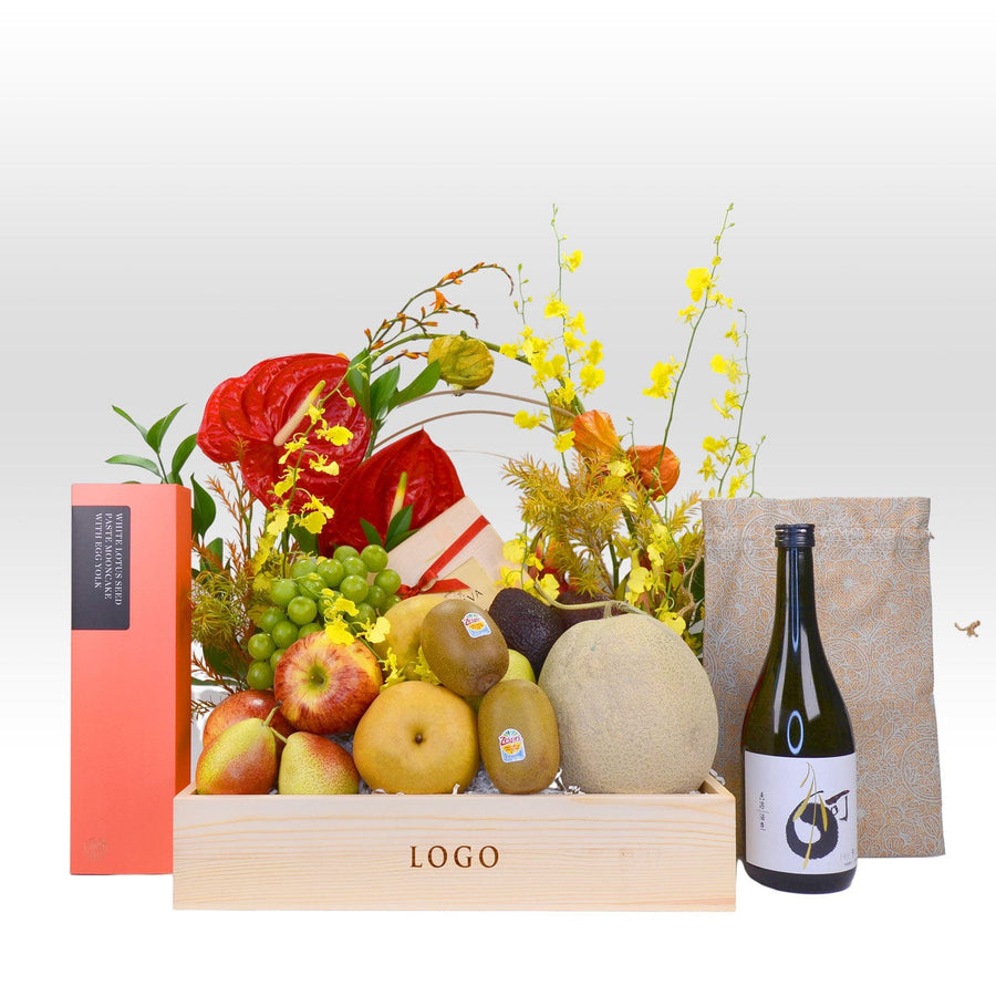 A VWOWGIFTS wooden box filled with the RISING MOON MID-AUTUMN FESTIVAL FRESH FLOWER HAMPER WITH PATISSERIE LA LUNE MOONCAKE and a bottle of wine.