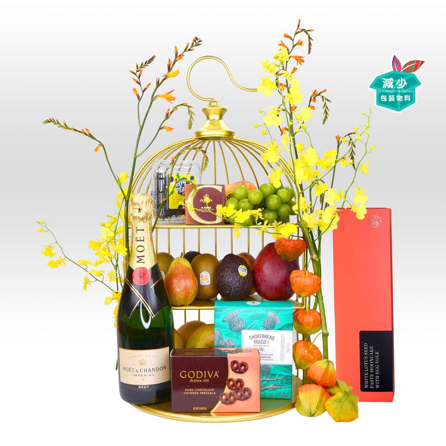 A VWOWGIFTS birdcage filled with GARDEN MOONLIGHT MID-AUTUMN FESTIVAL HAMPER WITH THE LANDMARK MANDARIN ORIENTAL MOONCAKE fruit and chocolates.