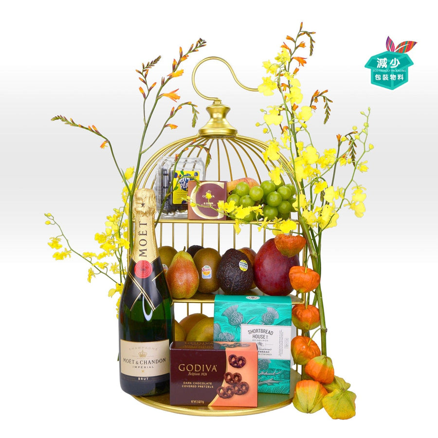 A VWOWGIFTS birdcage filled with GARDEN MOONLIGHT MID-AUTUMN FESTIVAL HAMPER WITH THE LANDMARK MANDARIN ORIENTAL MOONCAKE.