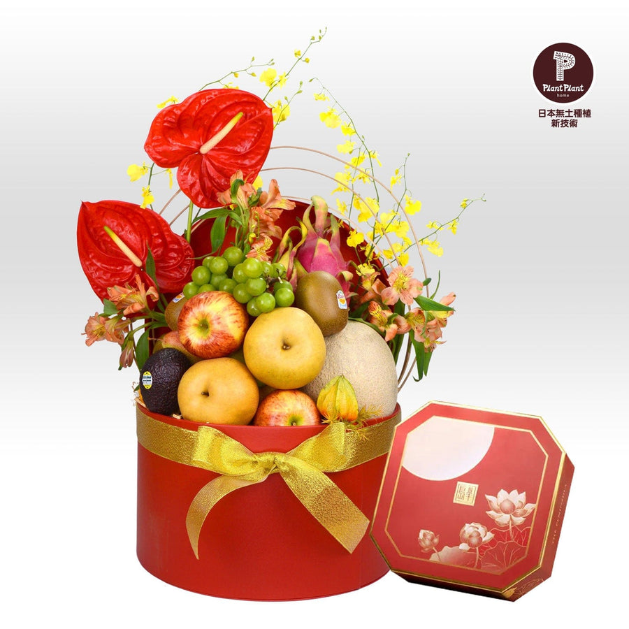 A red box filled with VWOWGIFTS' FLOWERS IN FULL BLOOM MID-AUTUMN FESTIVAL FRESH FLOWER HAMPER WITH PENINSULA MOONCAKE.