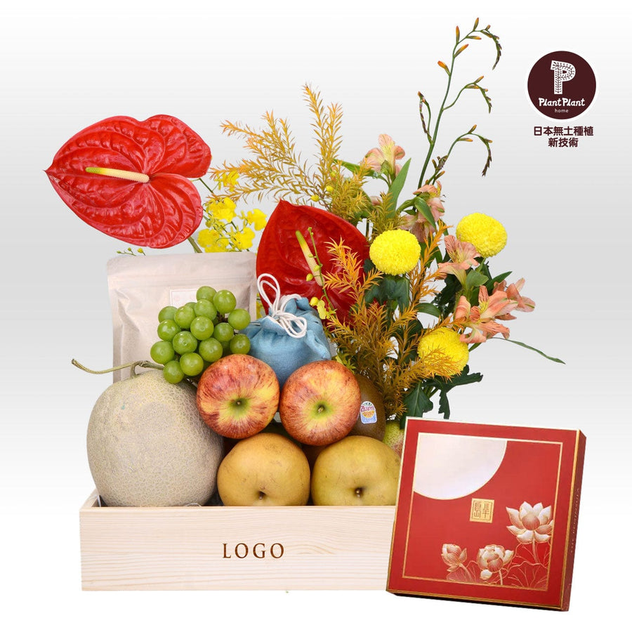 A box of CHRYSANTHEMUM FESTIVAL FEAST MID-AUTUMN FESTIVAL FRESH FLOWER HAMPER WITH PENINSULA MOONCAKES, flowers, and a gift card from VWOWGIFTS.