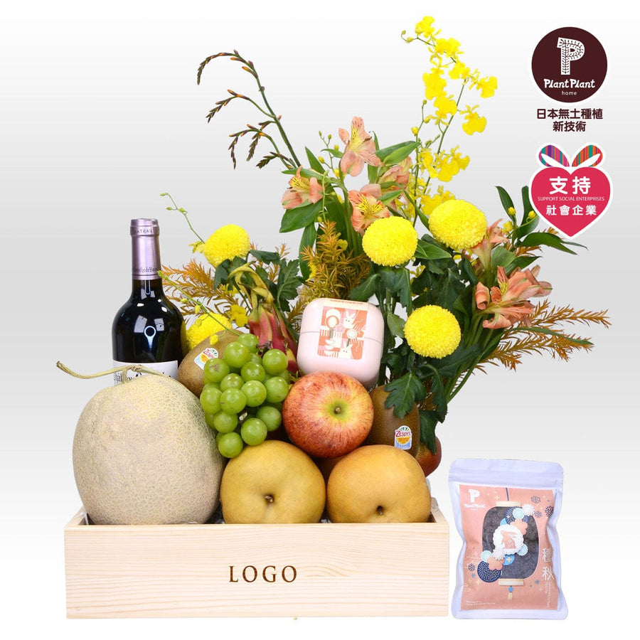 A VWOWGIFTS wooden box filled with CHRYSANTHEMUM FRAGRANCE MID-AUTUMN FESTIVAL FRESH FLOWER HAMPER WITH MECAKEKI MOONCAKE and a bottle of wine.