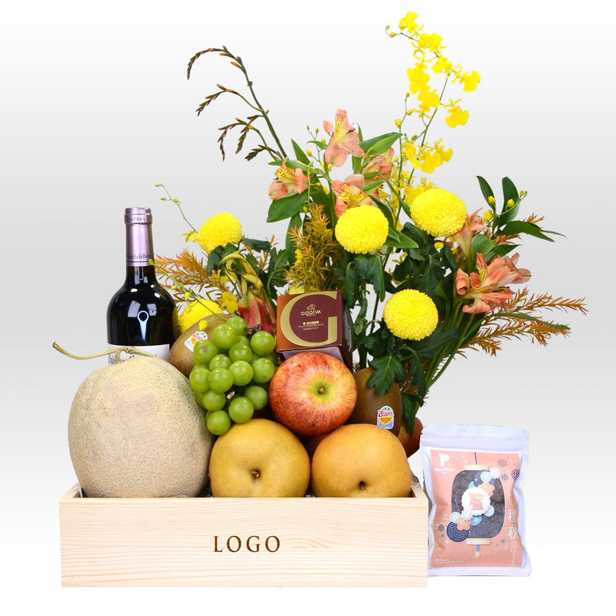 A VWOWGIFTS wooden box filled with CHRYSANTHEMUM FRAGRANCE MID-AUTUMN FESTIVAL FRESH FLOWER HAMPER WITH MECAKEKI MOONCAKE and a bottle of wine.