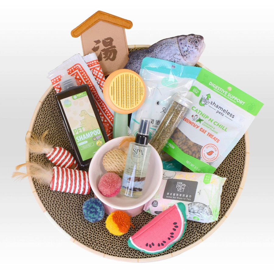 DOUBLE LOVE PET GIFT SET HAMPER｜Creamy Liquid Stick｜Treats｜Catnip｜Toys｜Bowl｜Pet Hair Removal Massage Comb｜Wet Wipes For Pets｜Scratching Board｜雙倍愛意毛孩禮品套裝禮籃｜貓｜柔滑肉泥｜小食｜薄荷｜不打結護毛水｜玩具｜陶瓷寵物碗｜專用濕巾｜袪毛按摩梳｜免費心意卡