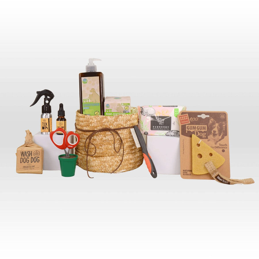 A basket with POOCH PAMPERING items from VWOWGIFTS in it.