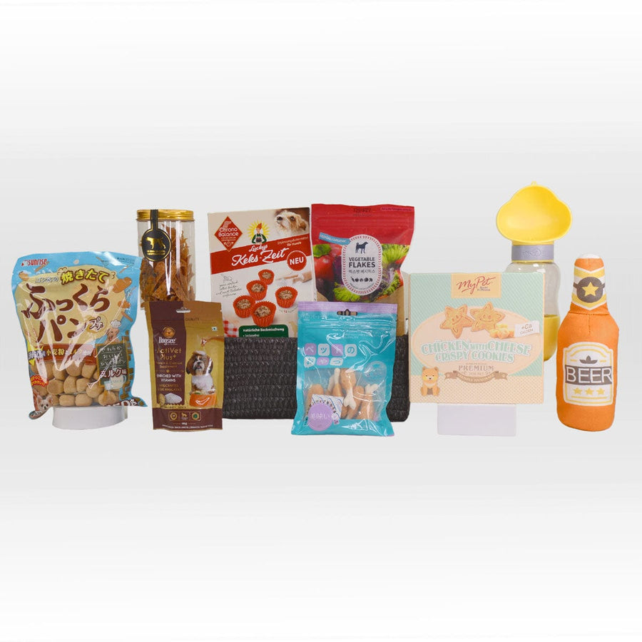 A variety of VWOWGIFTS' "POOCH TREASURE CHEST" snacks and drinks are shown on a white background.