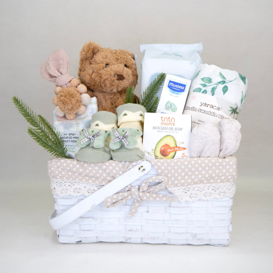 baby hamper | Gift | Jellycat | Teddy Bear | Mustela | Baby oil soap | natural | Greenery | baby socks