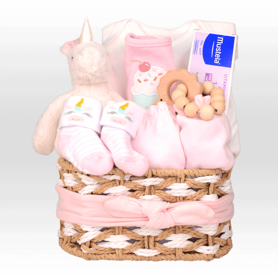 A pink NEWBORN BABY GIFT SET with a unicorn teddy bear, from VWOWGIFTS.