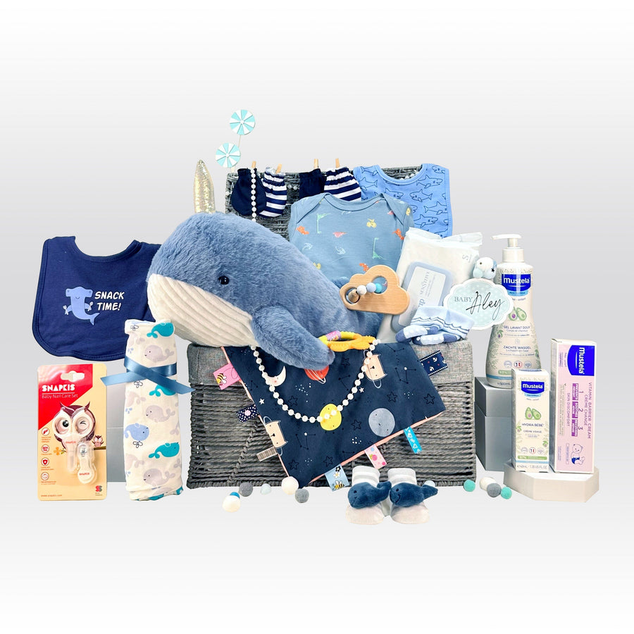 Baby Hamper | Gift | Blue Shark | narwhale | Mustela | Snapkis | Navy Blue | Baby Boy | New Born