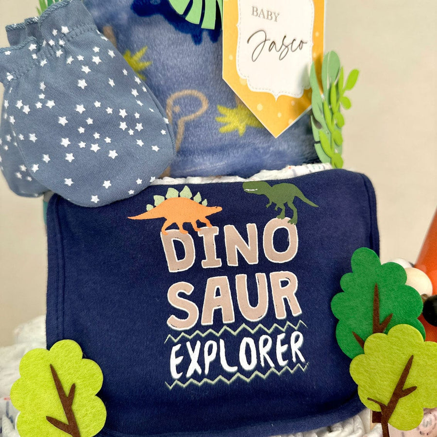 A baby shower with a VWOWGIFTS DINOSAUR DIAPER CAKE theme.