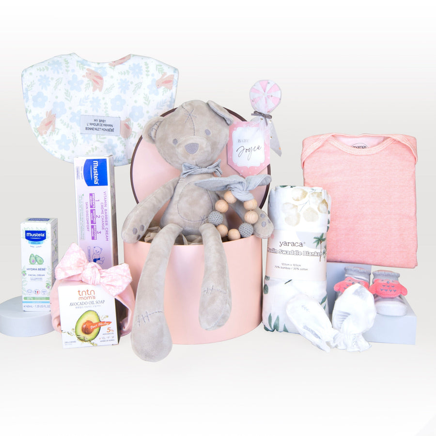 Baby Hamper | Gift | Baby Toy | Mustela | Grey Bear | Romper | Baby mitten | Baby Girl | Pink