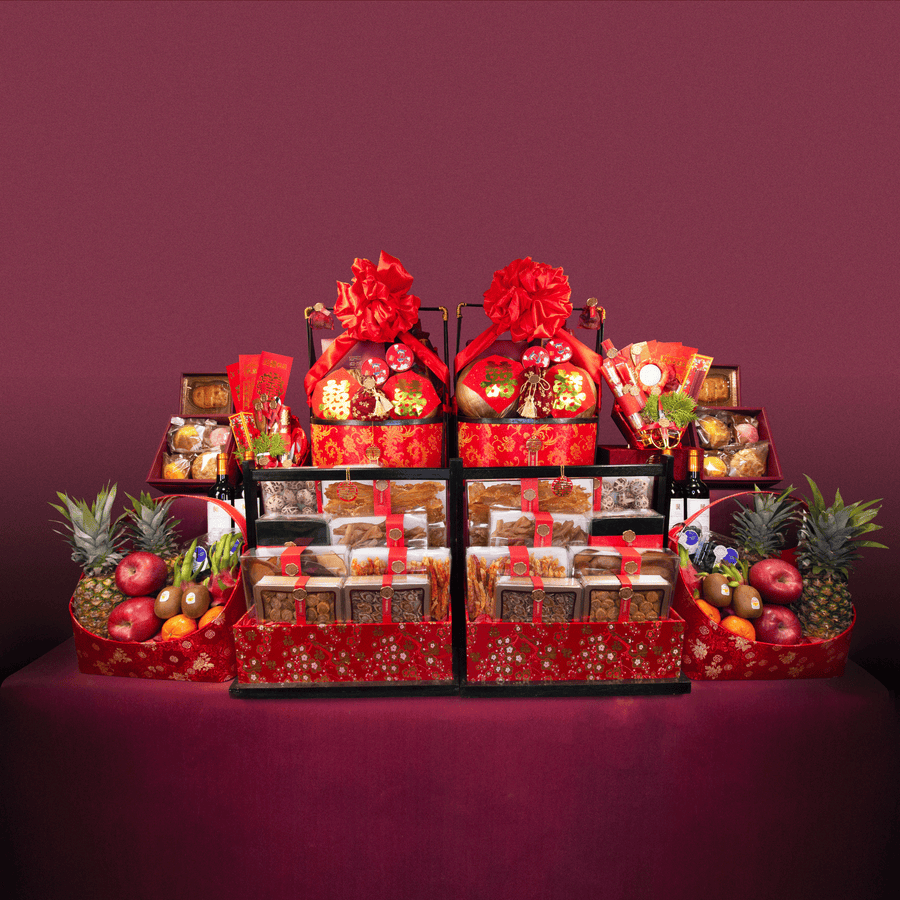 DOUBLE FINESSE 8-styles Chinese Wedding Hamper Package｜Dried Seafood Hampers｜Fruit Hampers｜Golden Coconut Hampers｜Dragon and Phoenix Cake｜European Red Wine｜Kee Wah Chinese Bridal Cake｜Chinese Wedding Red Packets｜連理交枝 八式過大禮禮籃｜海味禮籃｜水果禮籃｜黃金椰子禮籃｜龍鳳餅｜歐洲紅酒｜奇華喜餅｜中式婚禮紅包
