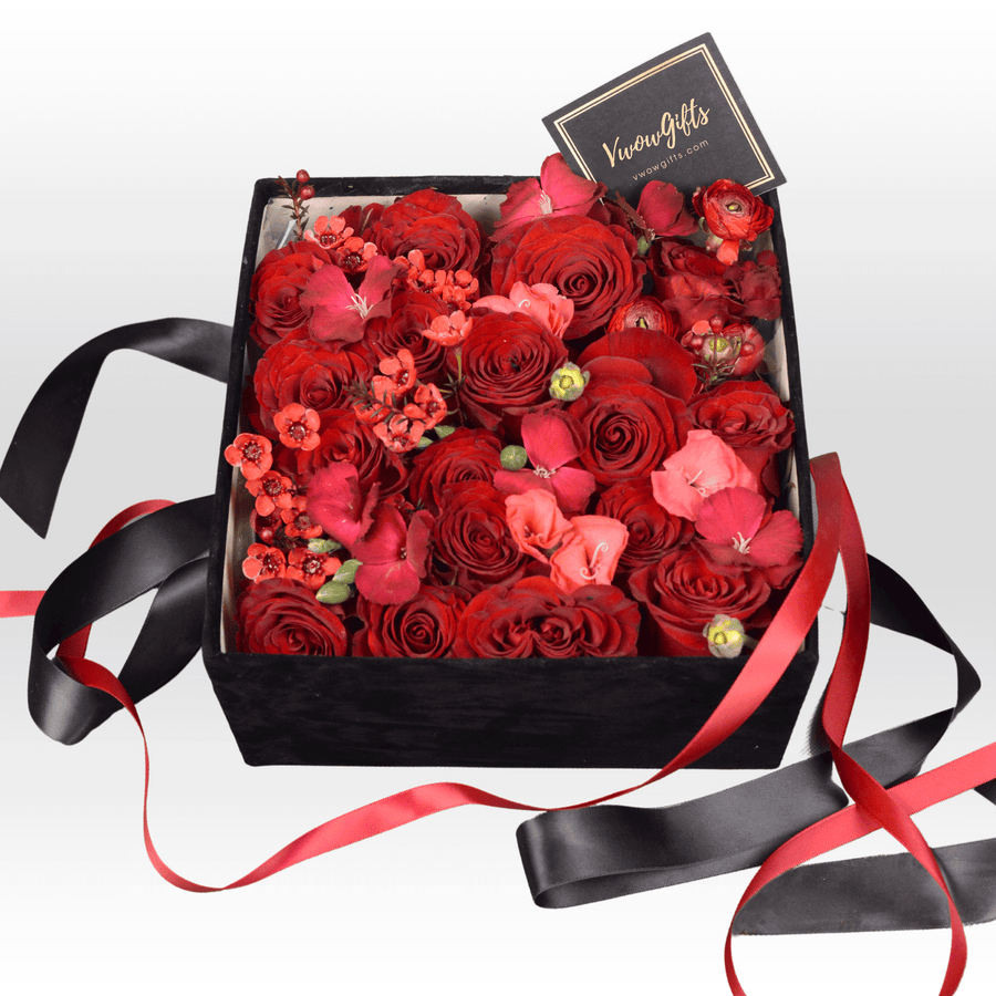 RED ROMANCE roses in a black box by VWOWGIFTS.