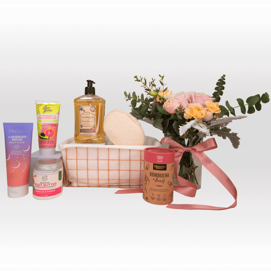 A TIMELESS BEAUTY gift basket with a variety of products and flowers from VWOWGIFTS.