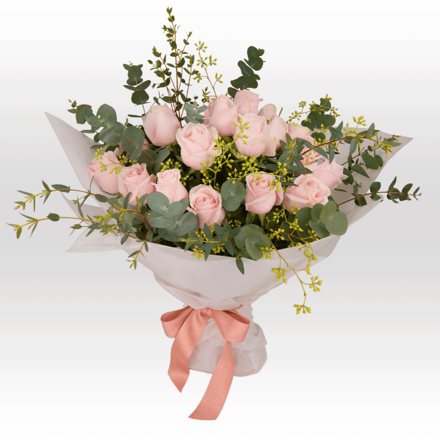 A bouquet of PINK DREAMS roses with VWOWGIFTS eucalyptus and eucalyptus.