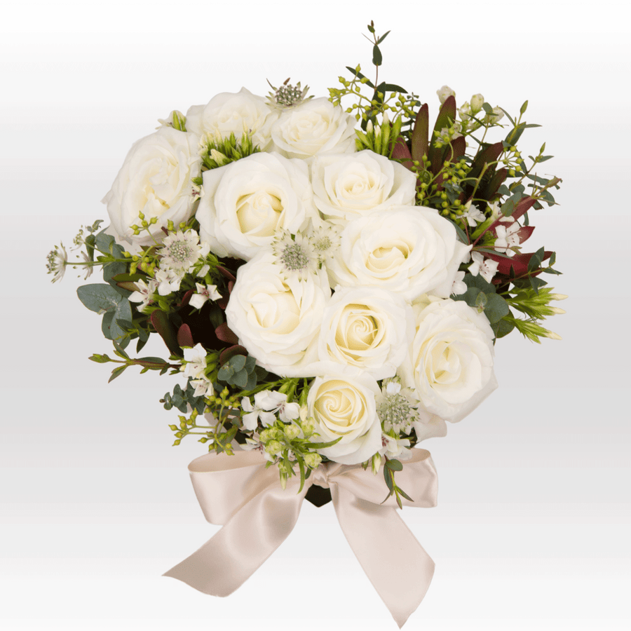 A bouquet of PURE LOVE white roses and greenery from VWOWGIFTS.