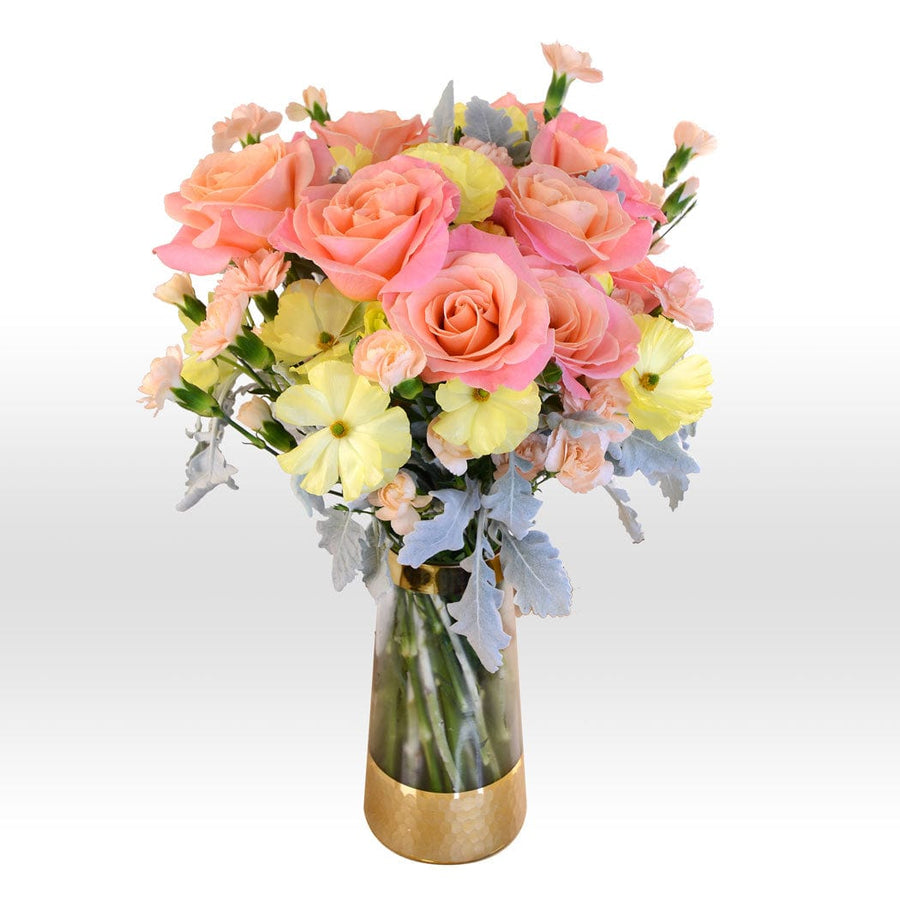 A SIMPLY ELEGANCE VASE BOUQUET of pink and yellow roses in a gold vase from VWOWGIFTS.