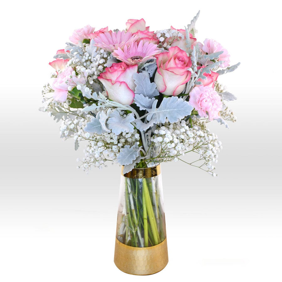 Pink roses and baby's breath in a WARM SUMMER VASE BOUQUET from VWOWGIFTS.