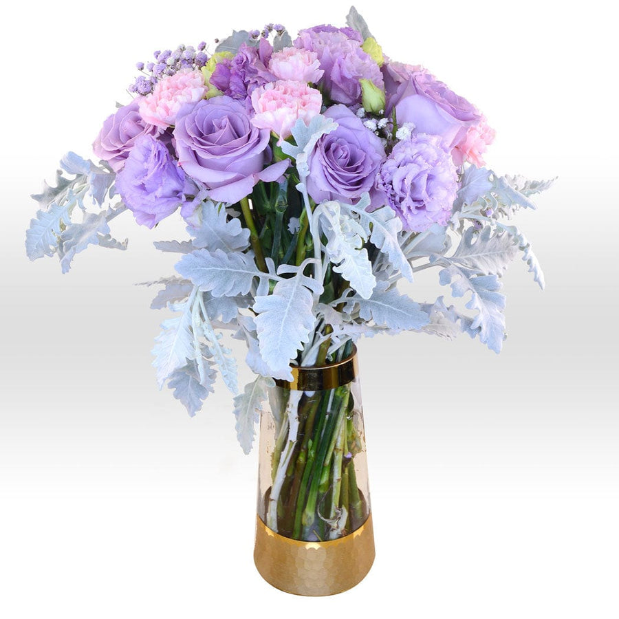 A purple dream HAMPER with a vase bouquet from VWOWGIFTS, featuring purple roses.