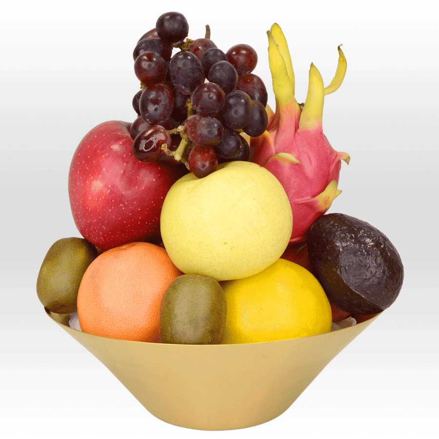 A HEALTHY TREATS gold bowl with a variety of fruits in it. (Brand Name: VWOWGIFTS)