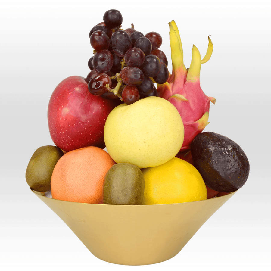 A VWOWGIFTS gold bowl filled with a variety of HEALTHY TREATS.