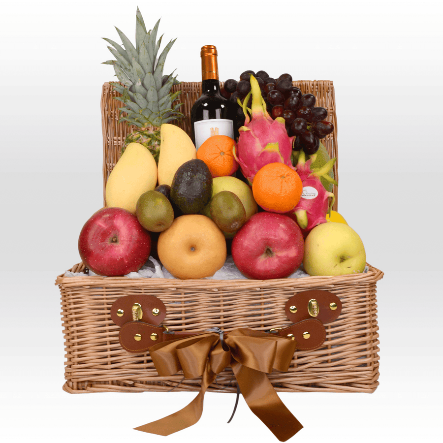 A VWOWGIFTS wicker basket filled with THE SEASONS FRUIT BASKET and a bottle of wine.
