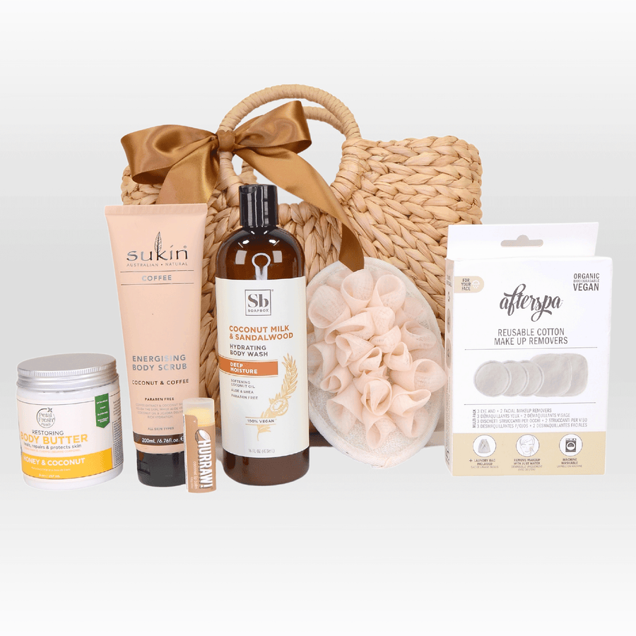 A wicker basket with the VWOWGIFTS RE-ENERGIZING GIFT SET.