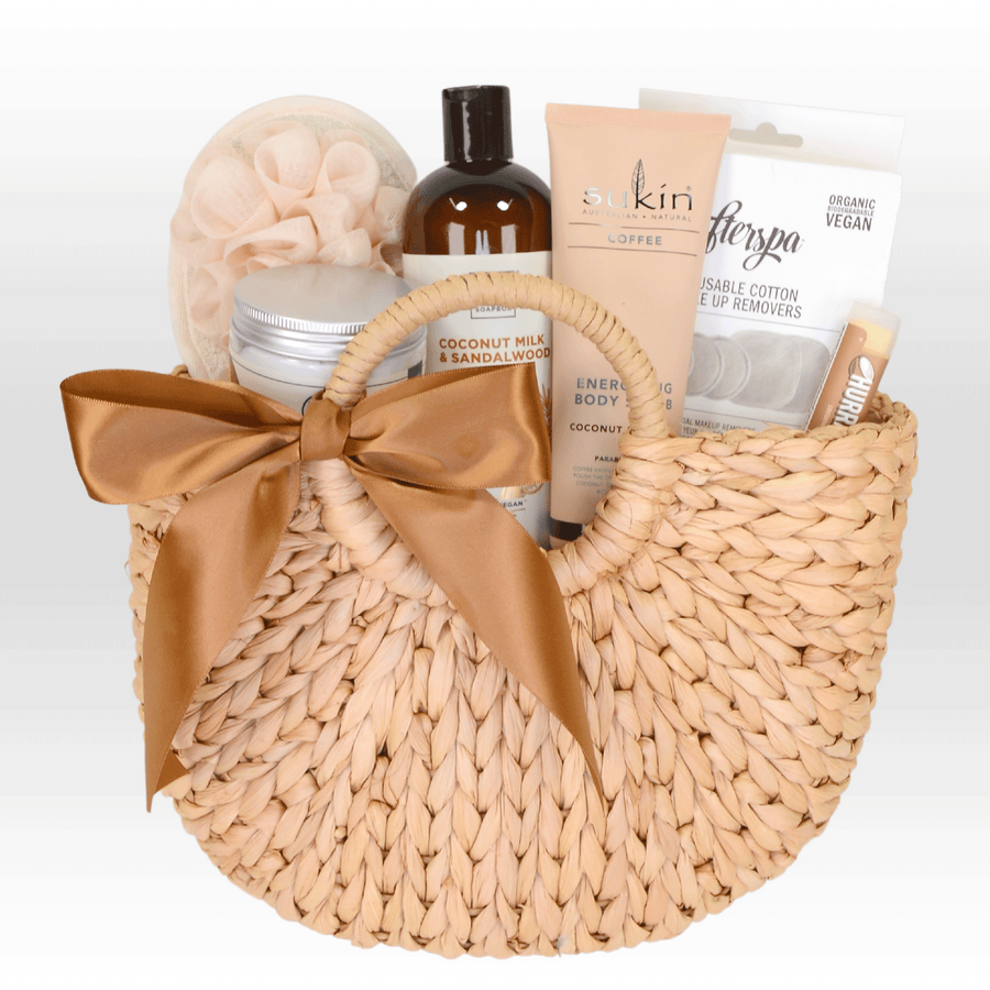 A basket with a bow and the VWOWGIFTS RE-ENERGIZING GIFT SET.