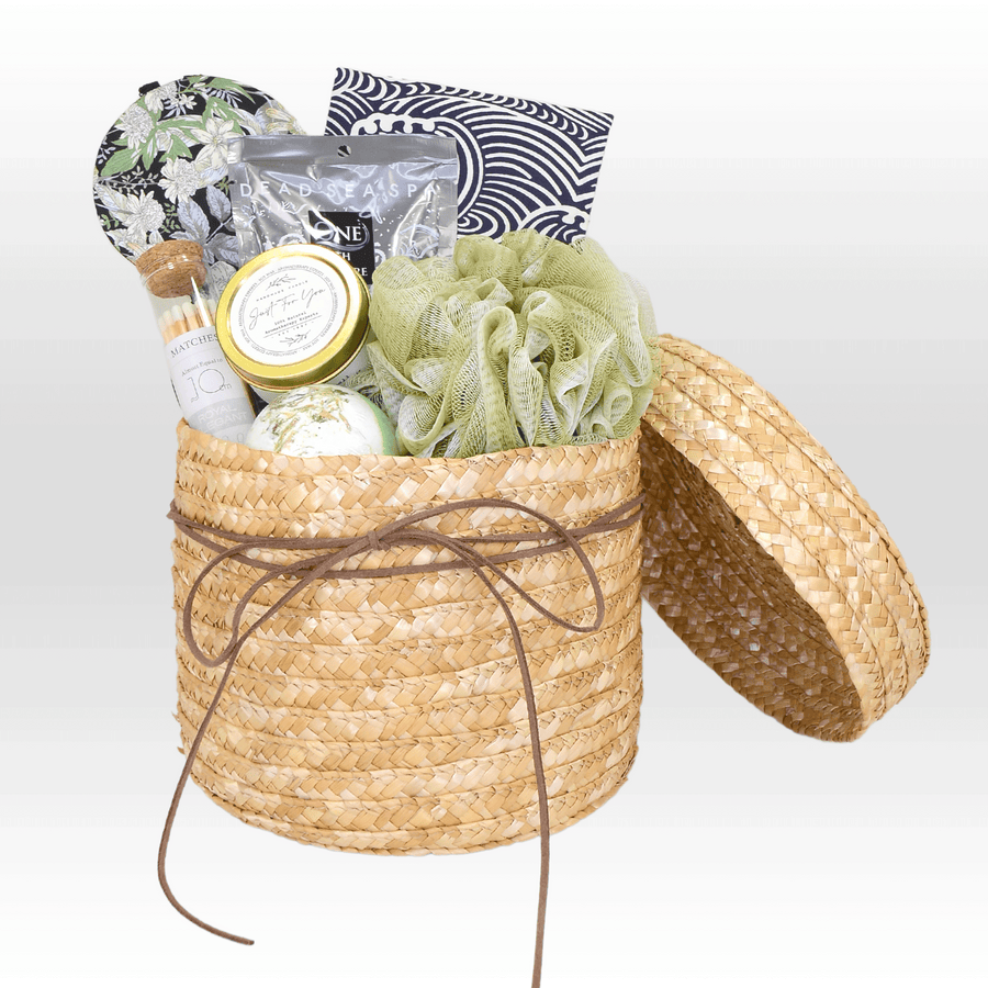 A VWOWGIFTS wicker basket filled with THE ENERGETIC PAMPER items.