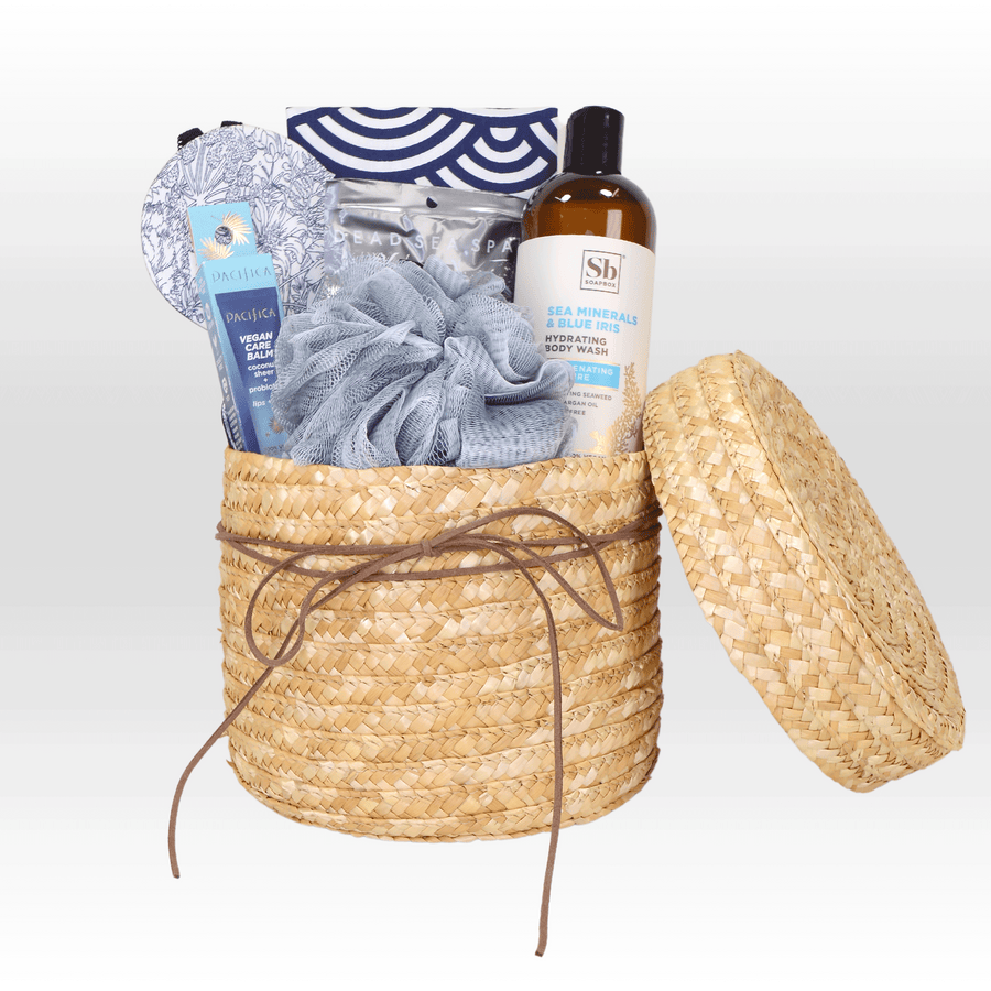 A wicker basket filled with VWOWGIFTS RELAXATION RITUALS.