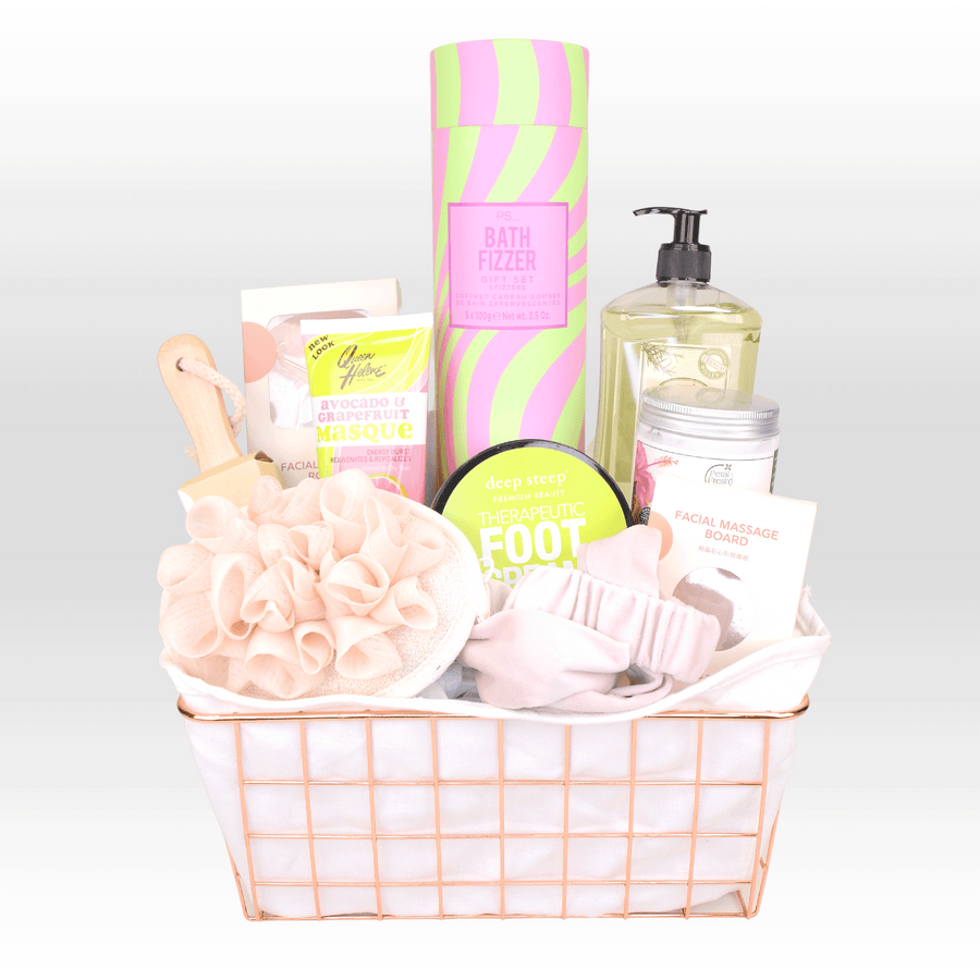 A basket filled with VWOWGIFTS SELF CARE GIFT SET.