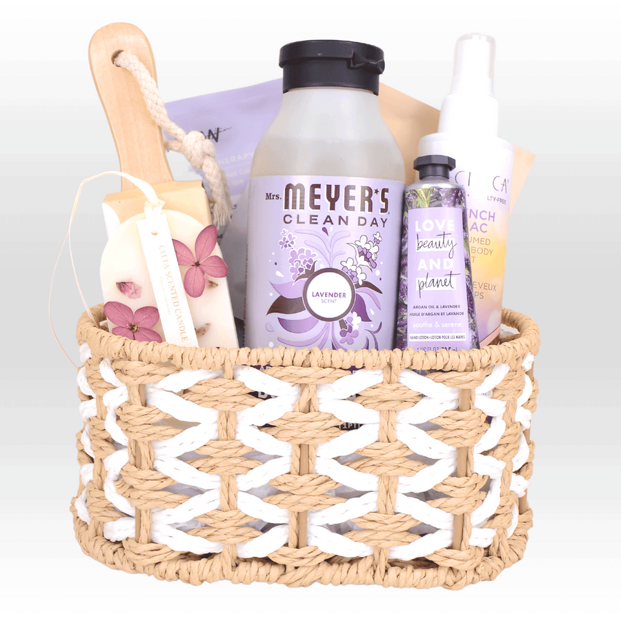 A VWOWGIFTS wicker basket filled with RELAXING NIGHT GIFT SET products.