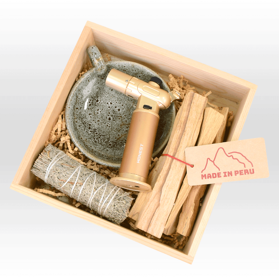 A VWOWGIFTS SACRED WOOD GIFT BOX containing a burner and other items.