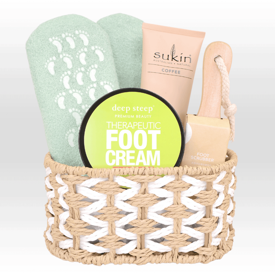 A VWOWGIFTS Pamper Yourself Gift Set with a foot cream, foot scrub and foot lotion.
