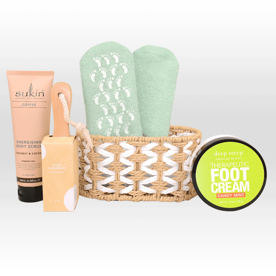 A basket with the VWOWGIFTS PAMPER YOURSELF GIFT SET and other items.