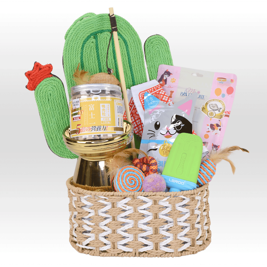 A basket with a PAWFECT GIFT SET by VWOWGIFTS and other items.