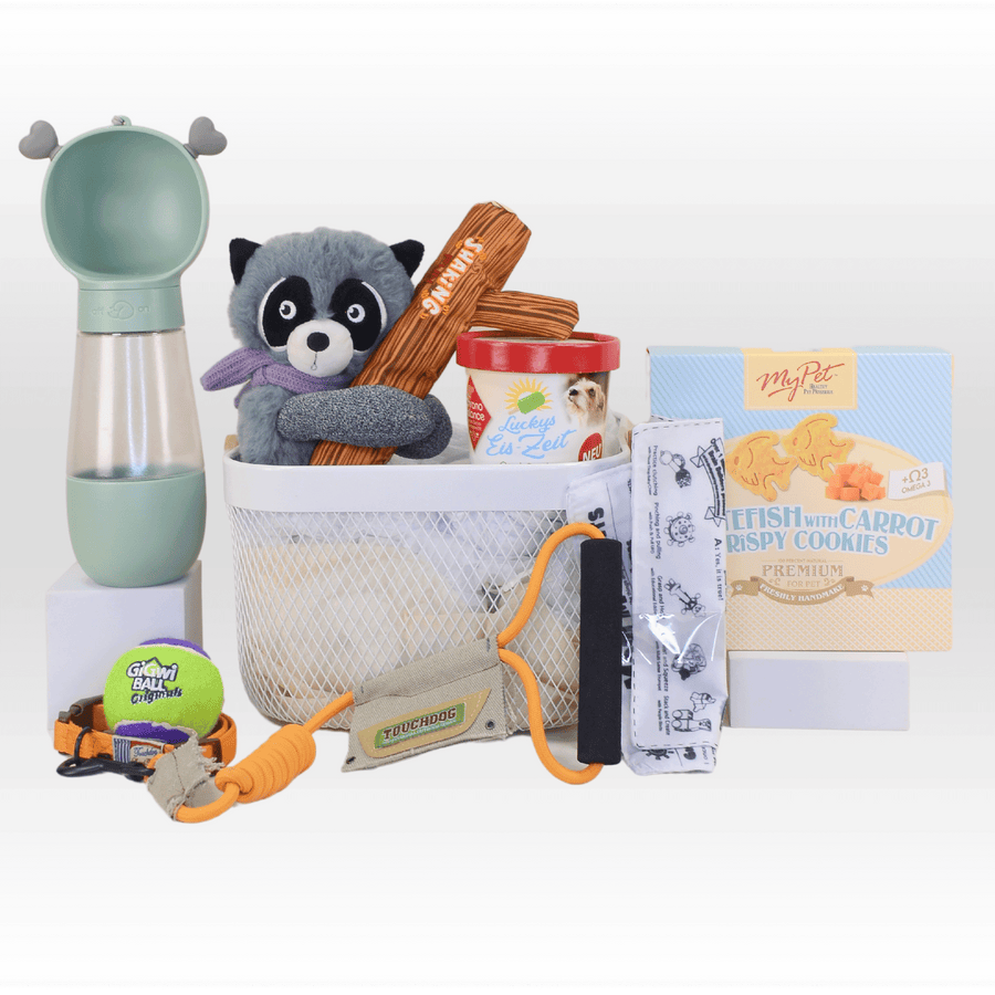 A basket with UNIQUE PET GIFT BOX stuffed animals, toys, and a bottle of water by VWOWGIFTS.