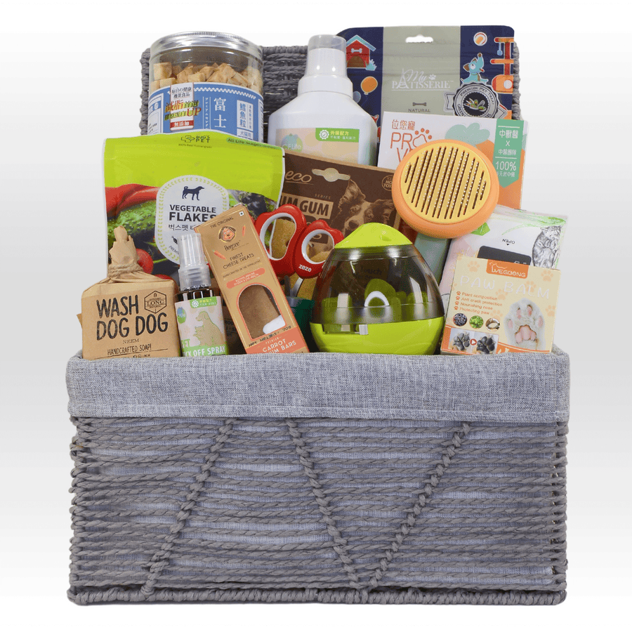 A VWOWGIFTS SIGNATURE PET GIFT BASKET filled with dog treats.