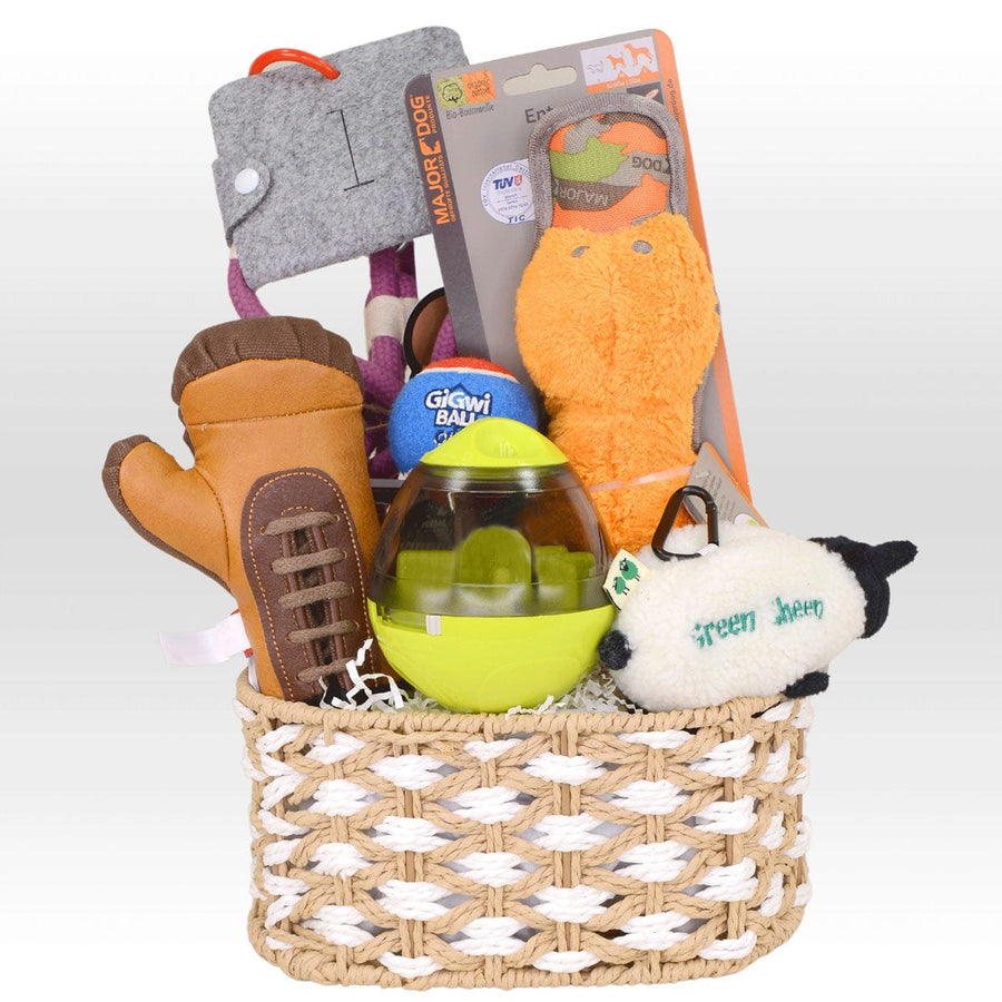 A POOCH EXPLORER wicker basket filled with dog toys and accessories, brand name VWOWGIFTS.