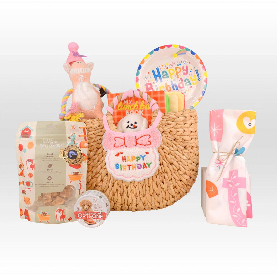 A WOOF-DAY CELEBRATION wicker basket with a variety of items in it from VWOWGIFTS.