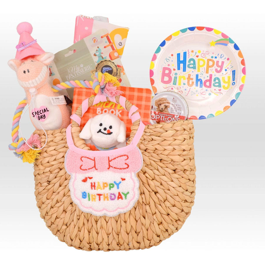 A WOOF-DAY CELEBRATION gift basket with a stuffed animal and a teddy bear from VWOWGIFTS.