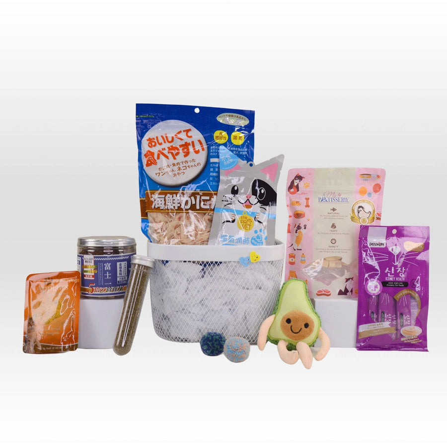 A basket full of PURRFECT TREATS and treats for a cat from VWOWGIFTS.