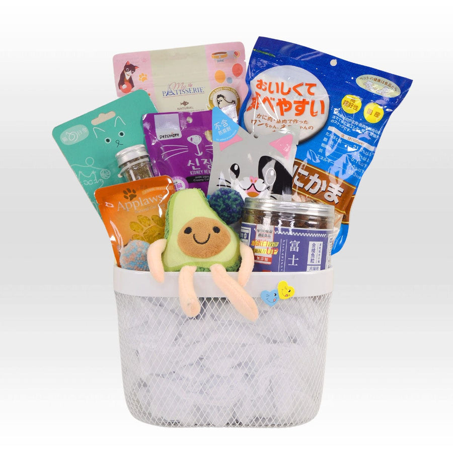 A basket filled with PURRFECT TREATS snacks and a stuffed animal by VWOWGIFTS.